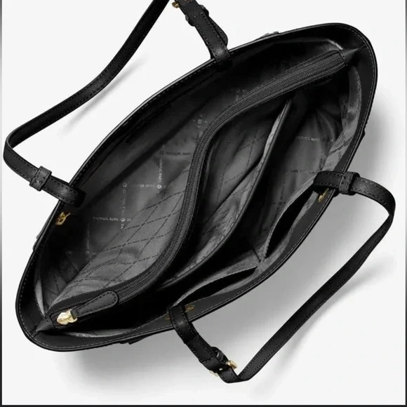 Michael Kors Black Gold Tote Handbag Women’s Purse Leather Walsh Mk Zipper - Picture 2 of 15